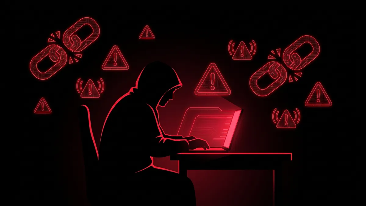 Engineer at a console watching red workflow alerts and broken connection nodes
