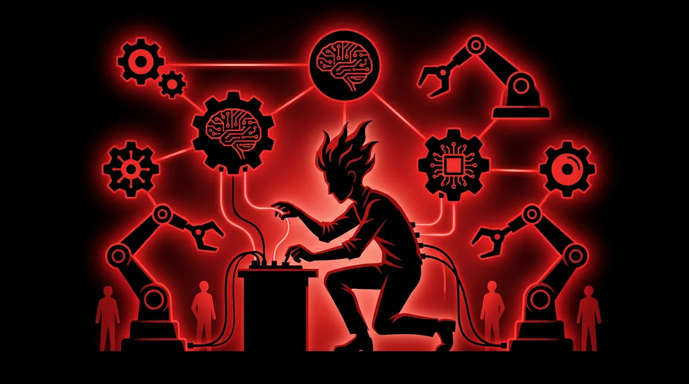 Silhouetted developer wiring together AI brain nodes, gears, and robotic arms into a connected...