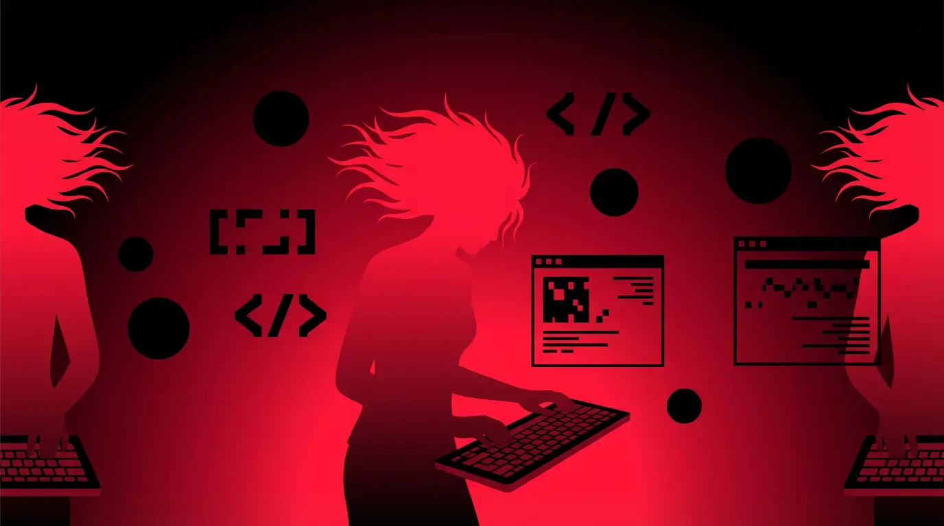 Rockstar developer coding with AI assistants in a futuristic workspace