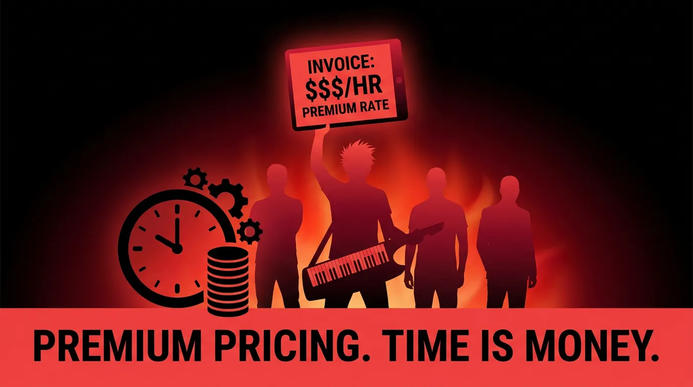 Rockstar developer standing on a glowing red price ladder, snapping a stopwatch in half over a...