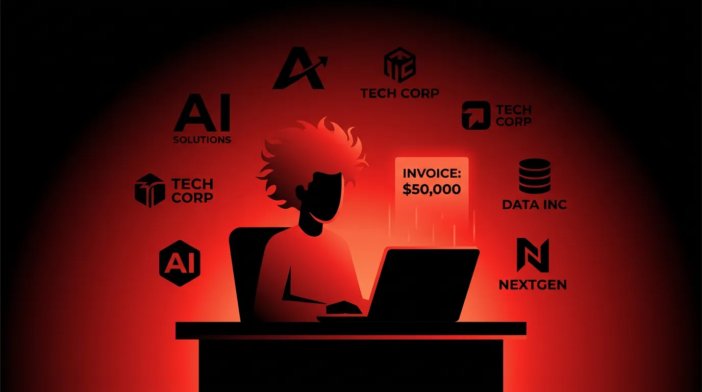 Rockstar developer translating glowing red AI systems into stacks of business contracts on a...