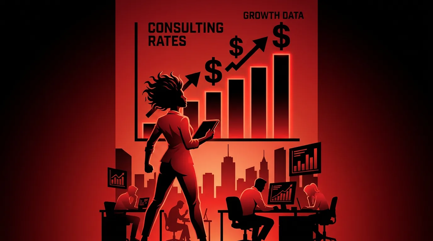 Rockstar developer charting AI consulting rate data on glowing red and black panels