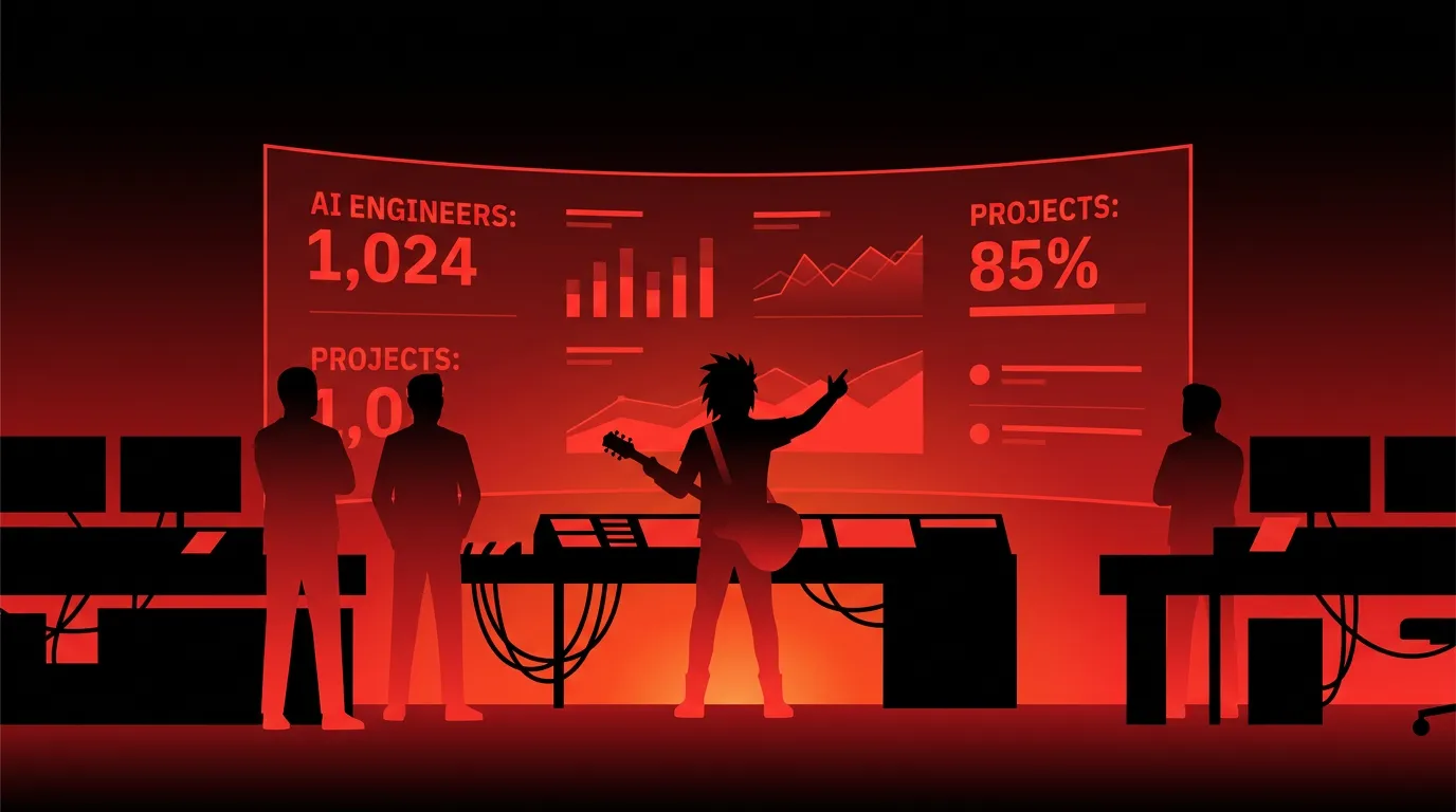 Rockstar developer standing on a rising bar chart of AI engineer job growth in glowing red and black