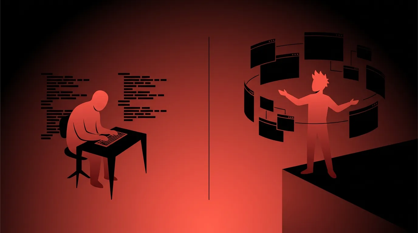 Software engineer coding beside an AI engineer orchestrating floating agent windows