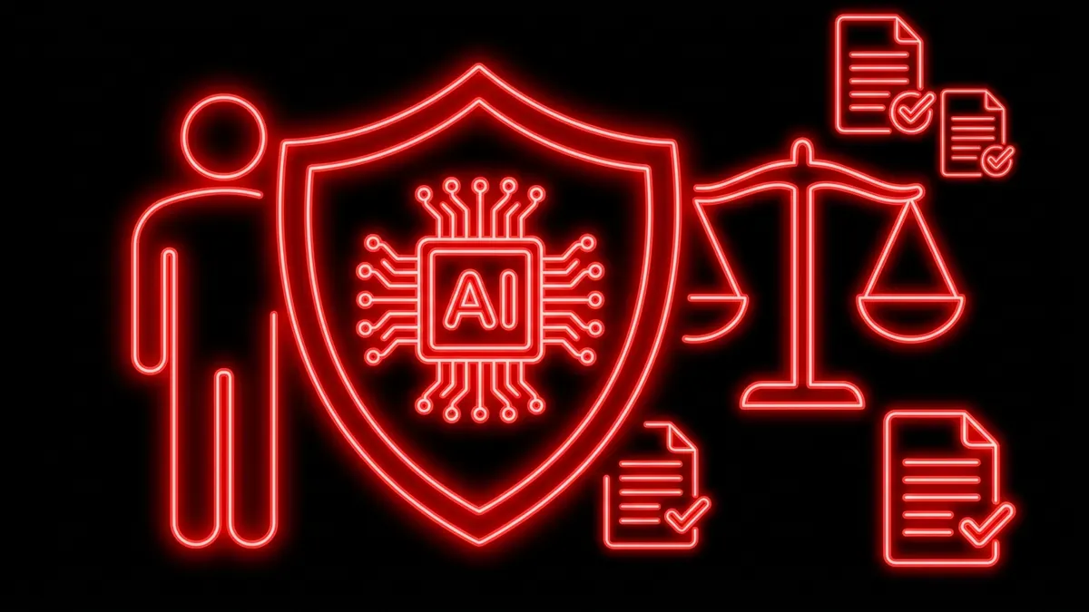 Person beside a shield protecting an AI chip, with a balance scale and approved documents