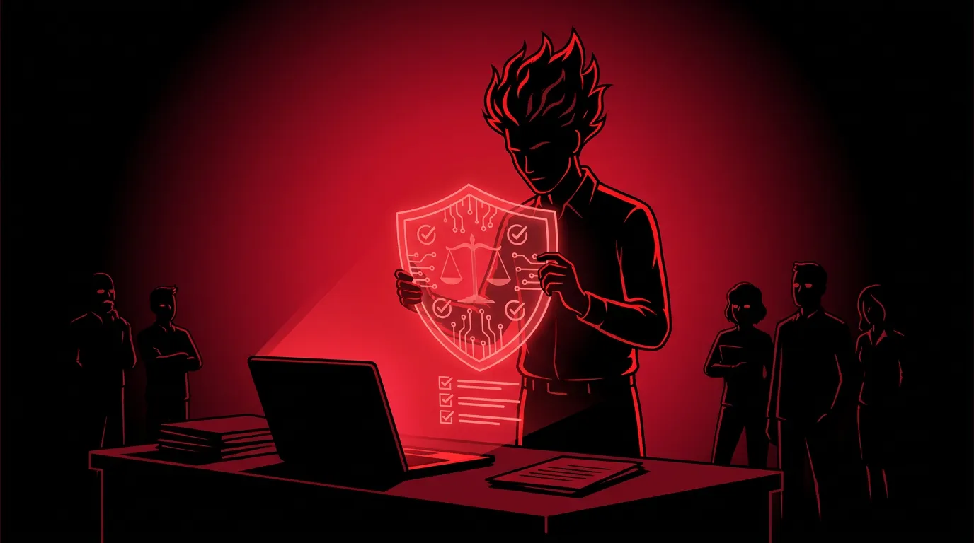 Silhouetted developer reviewing a glowing shield icon with scales of justice and compliance...