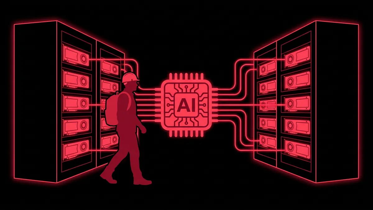 Engineer walking between GPU server racks wired into a central AI chip
