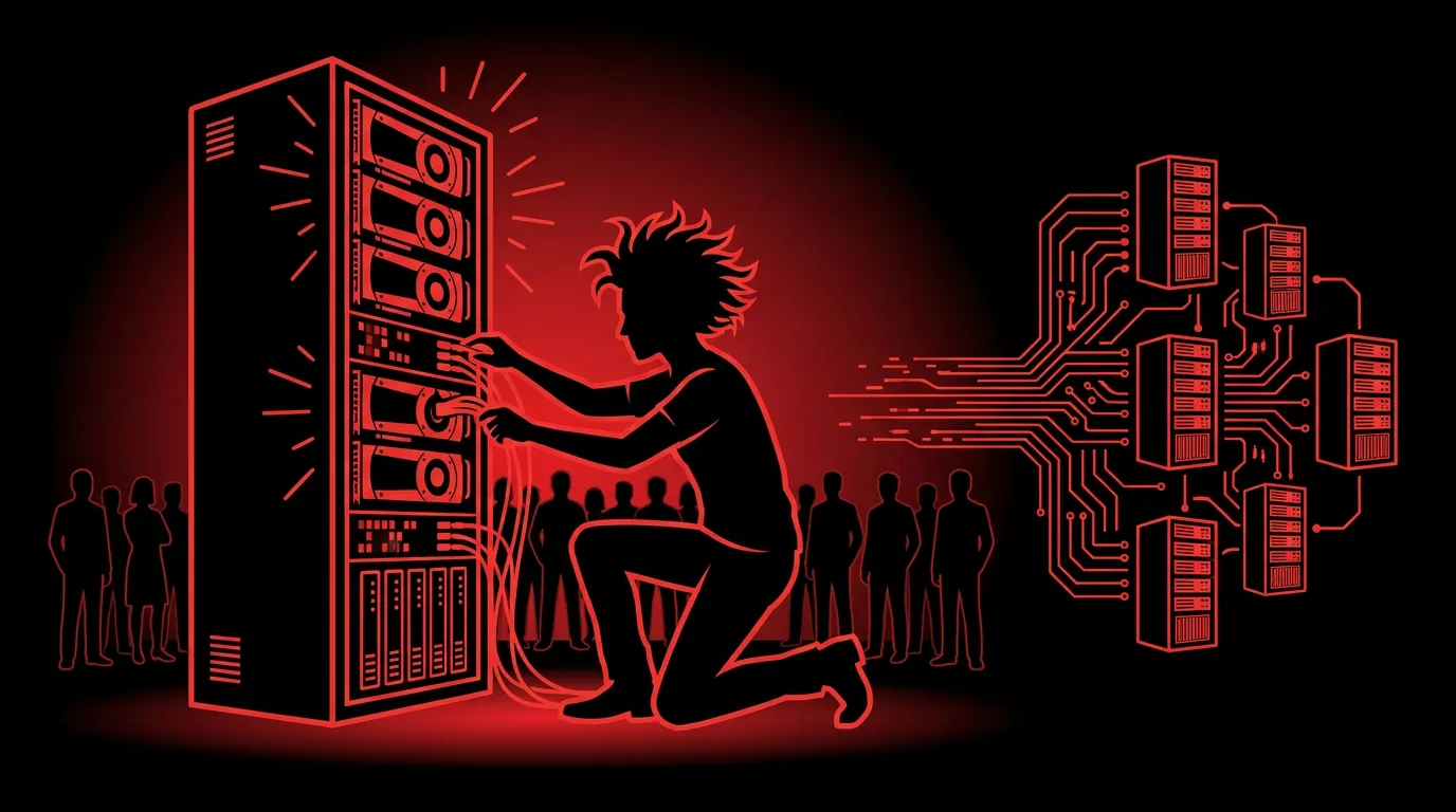 Illustrated developer kneeling to wire a glowing red GPU server rack, connected to a distributed...