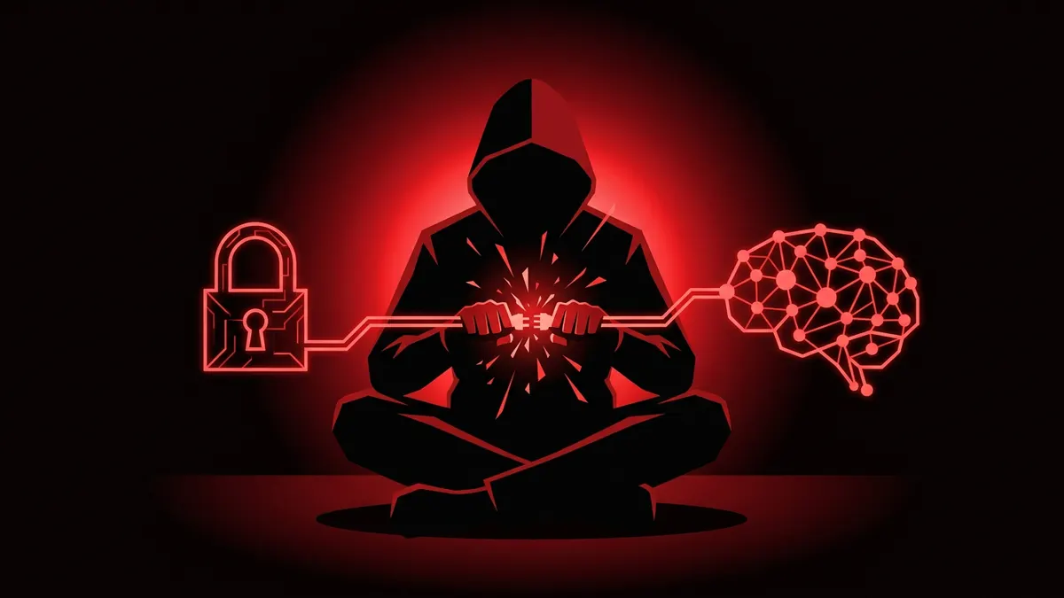 Hooded figure joining a padlock-shaped circuit to a neural-network circuit