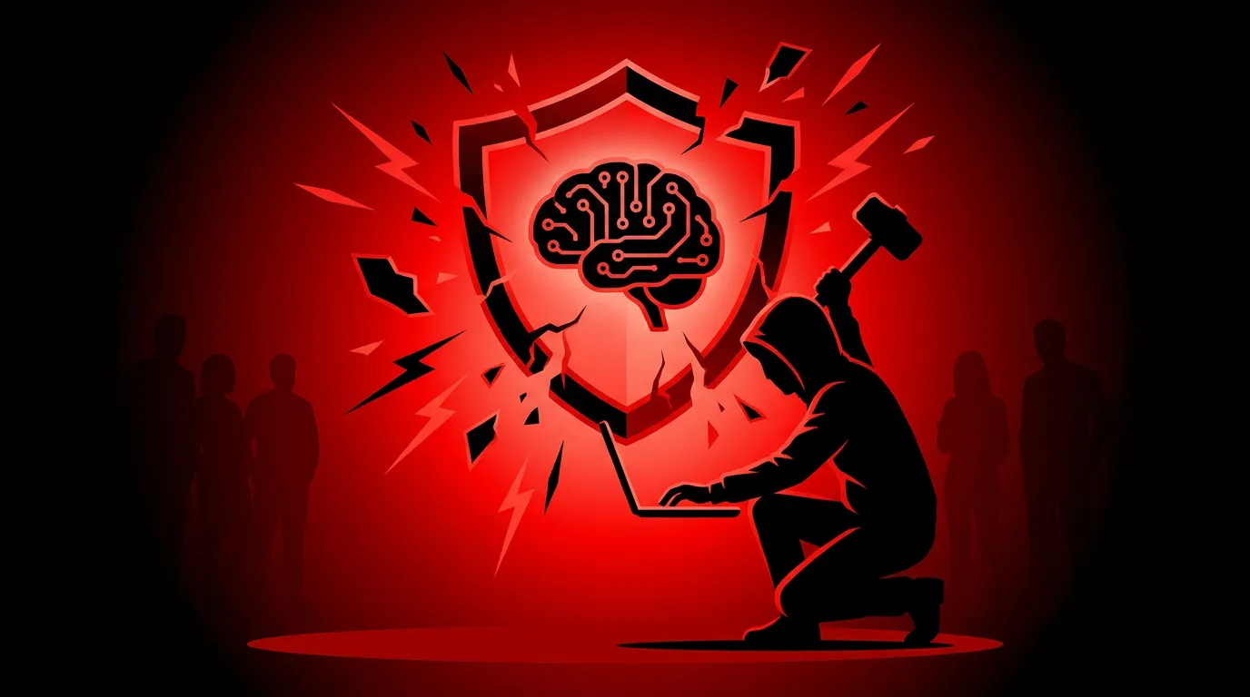 Hooded red teamer smashing a sledgehammer through a glowing shield to breach an AI brain,...