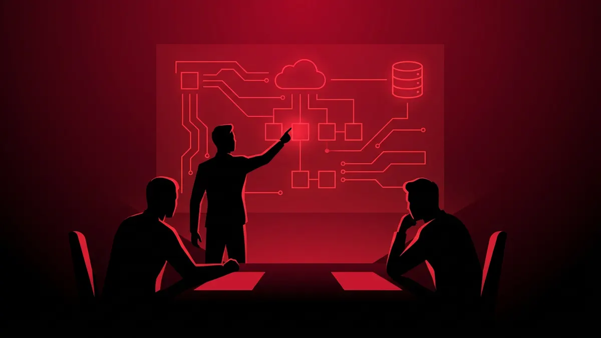 AI solutions architect presenting a cloud, database and systems diagram to colleagues