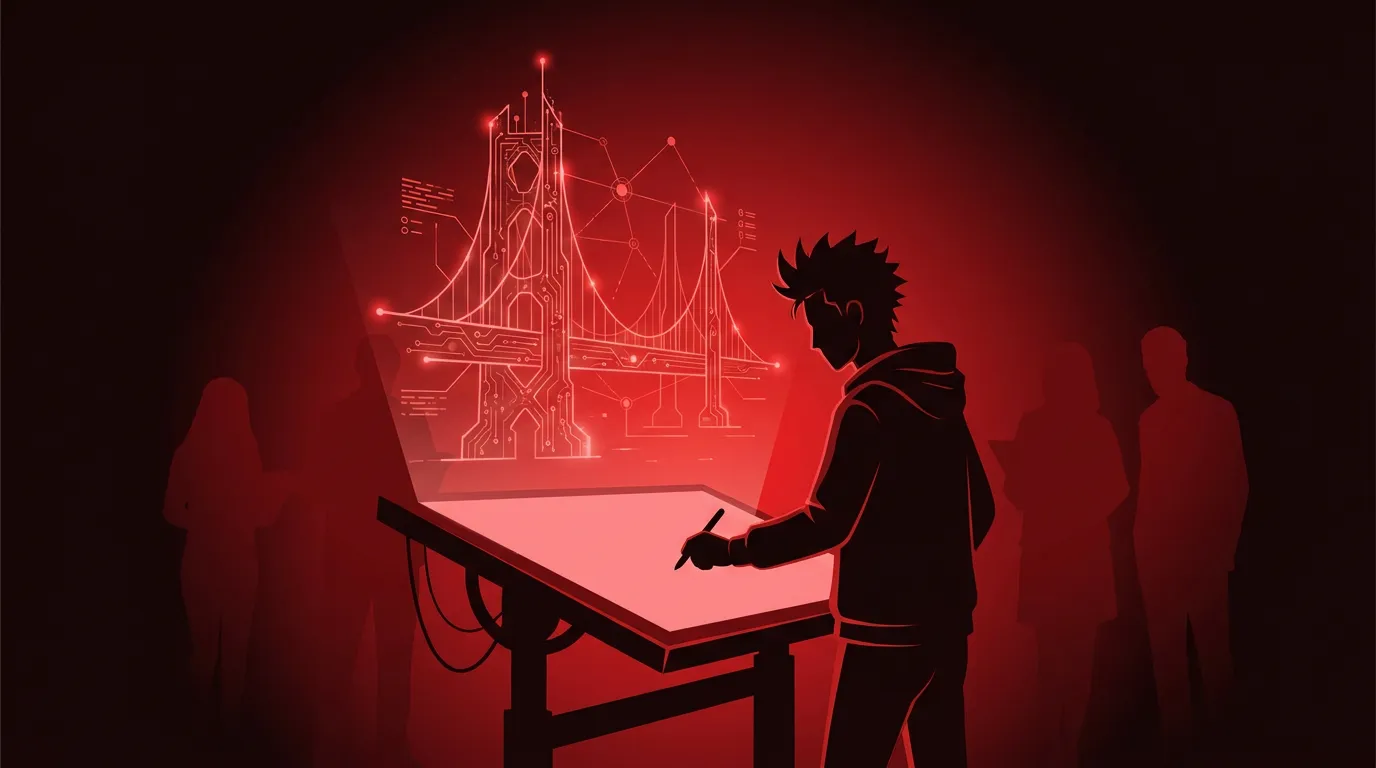 Silhouette of a developer at a drafting table sketching a glowing bridge-shaped AI system...