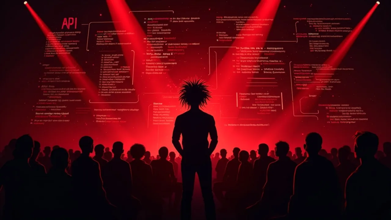 Duotone red and black illustration of a rockstar developer orchestrating API nodes and data...