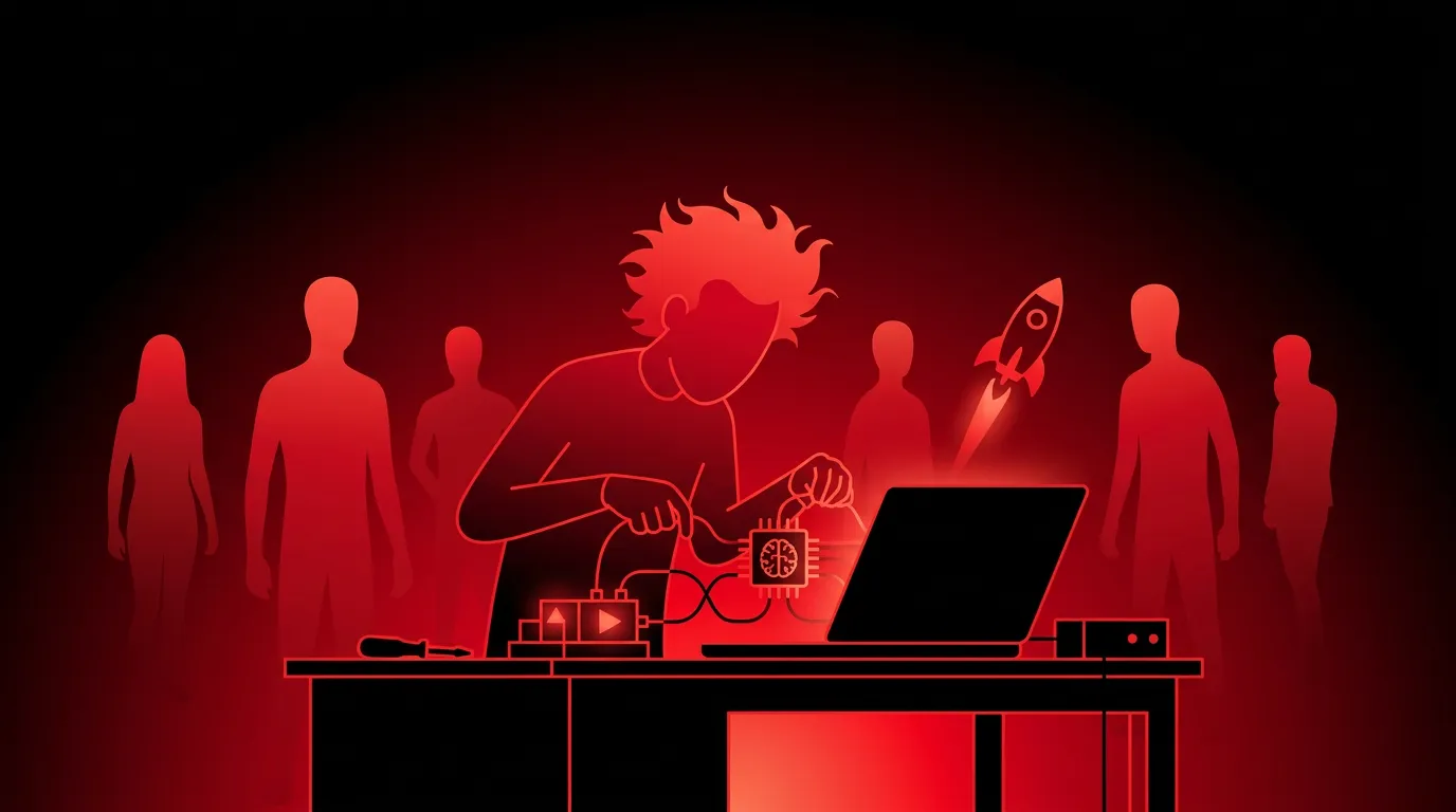 Developer wiring AI modules into a laptop app as a light rocket launches from the screen
