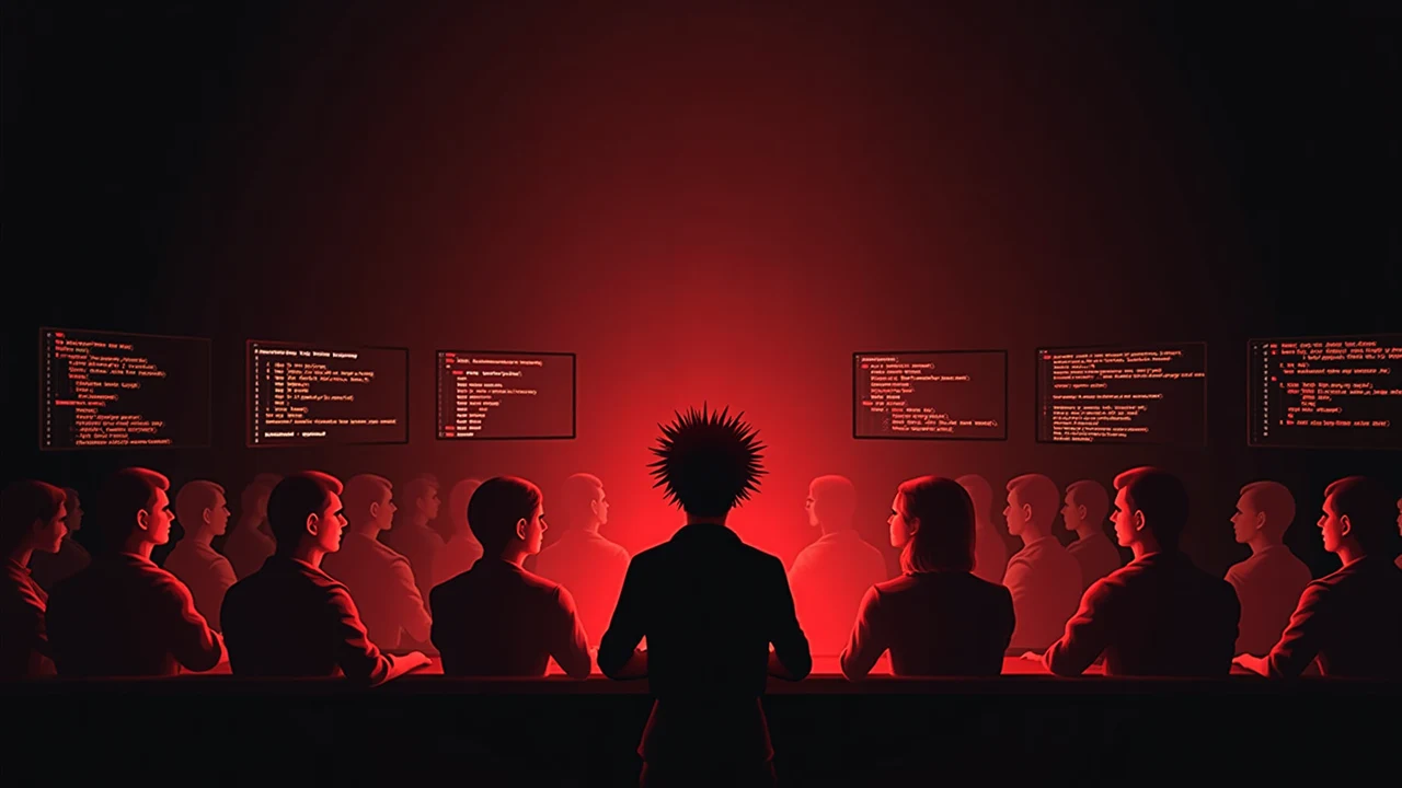 Rockstar developer commanding AI coding assistants across red and black screens