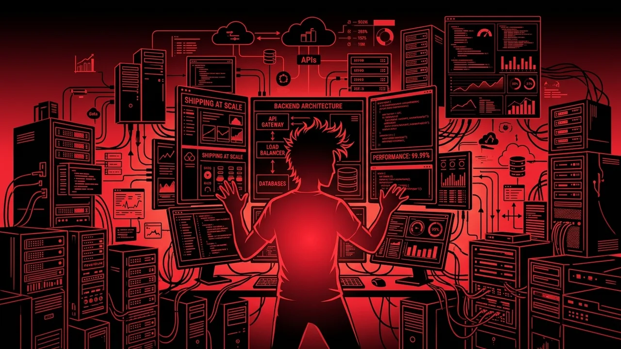 Rockstar developer building backend systems across multiple glowing server screens