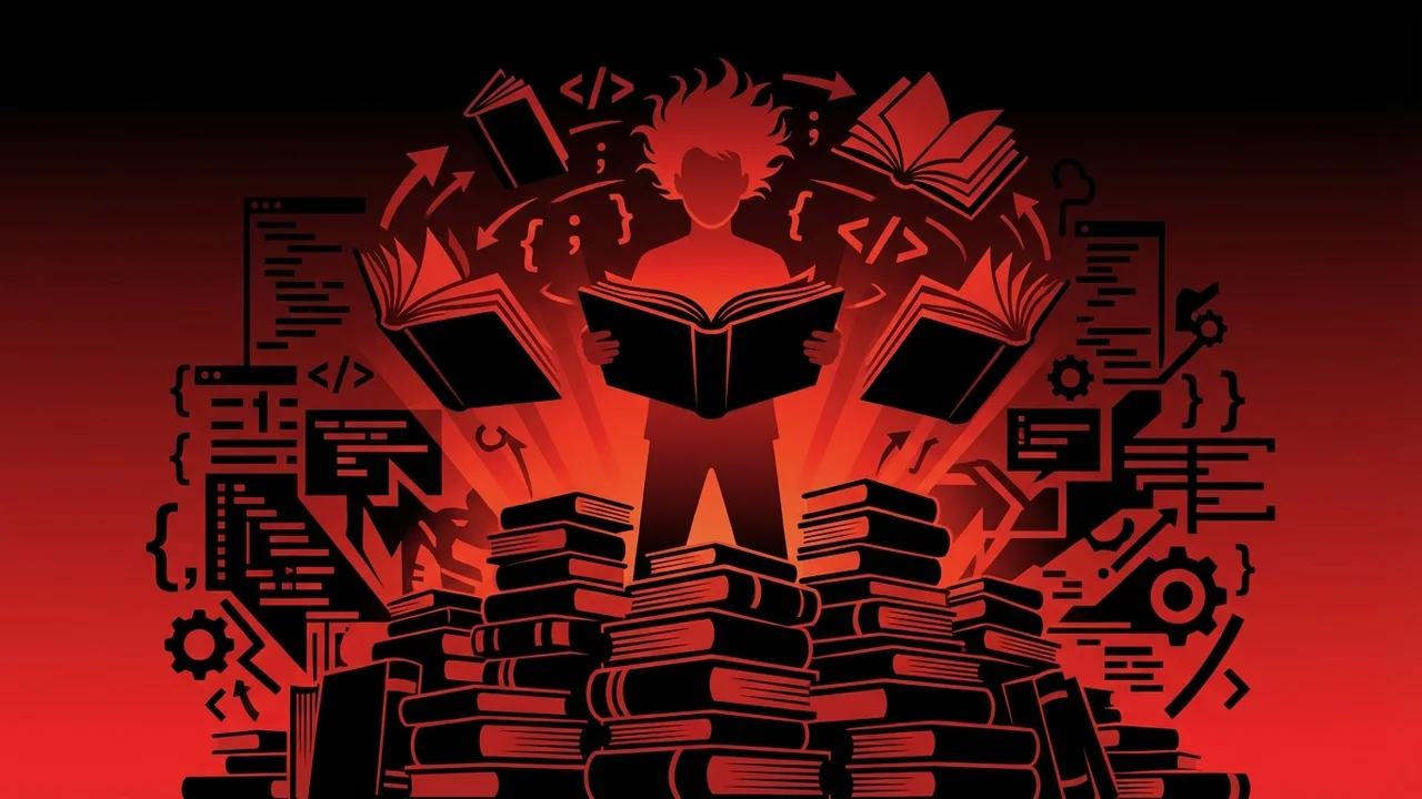 Rockstar developer reading a stack of programming books