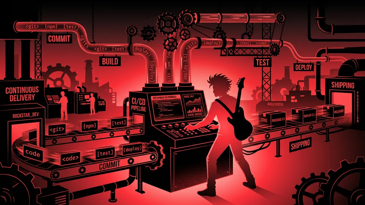Rockstar developer surrounded by automated deployment pipelines and CI/CD tool icons in red and black duotone style