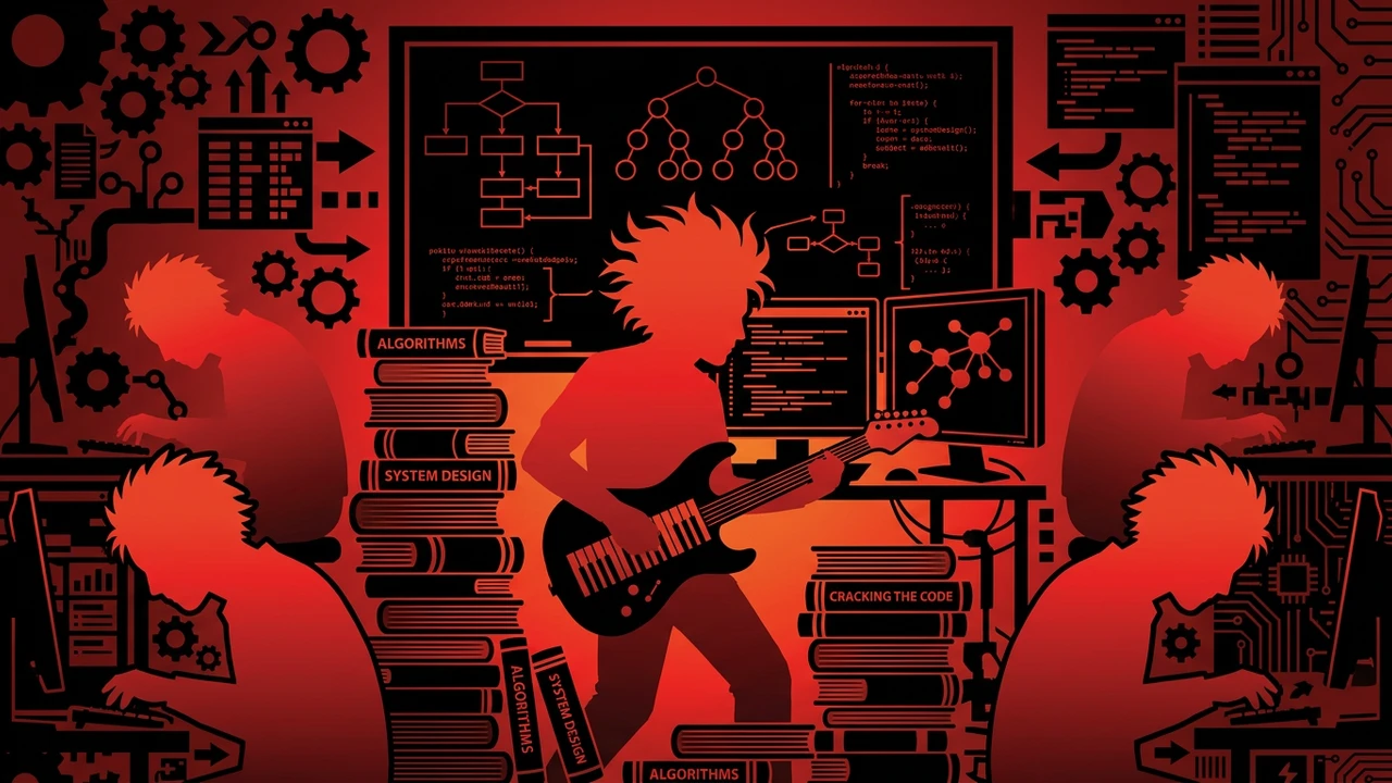 Rockstar developer studying coding interview books in front of algorithm diagrams