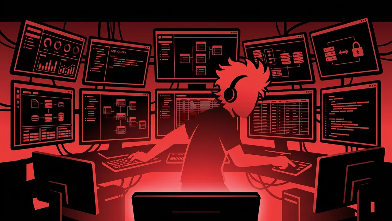 Rockstar developer managing databases with glowing SQL panels, schemas, and data grids