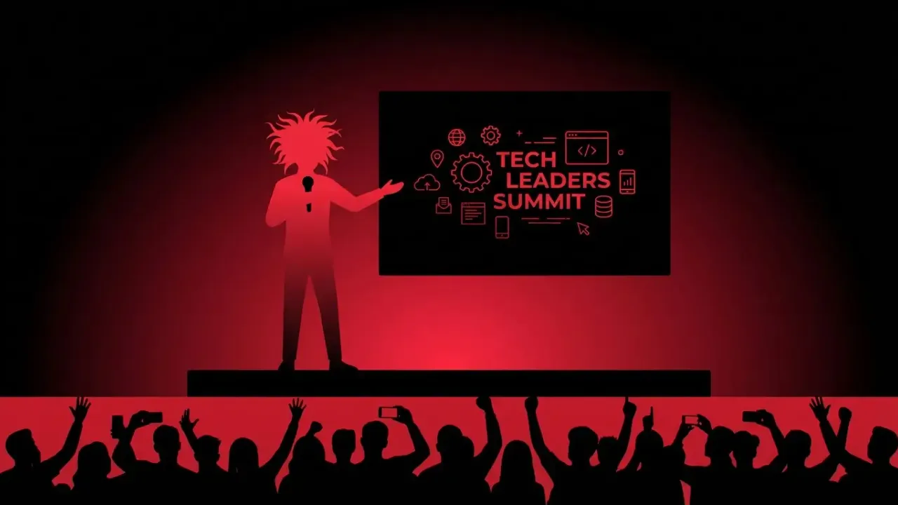 Developer attending conference with red and black duotone style