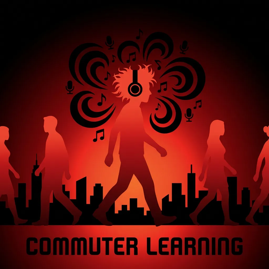 Rockstar developer wearing headphones with podcast sound waves flowing around them