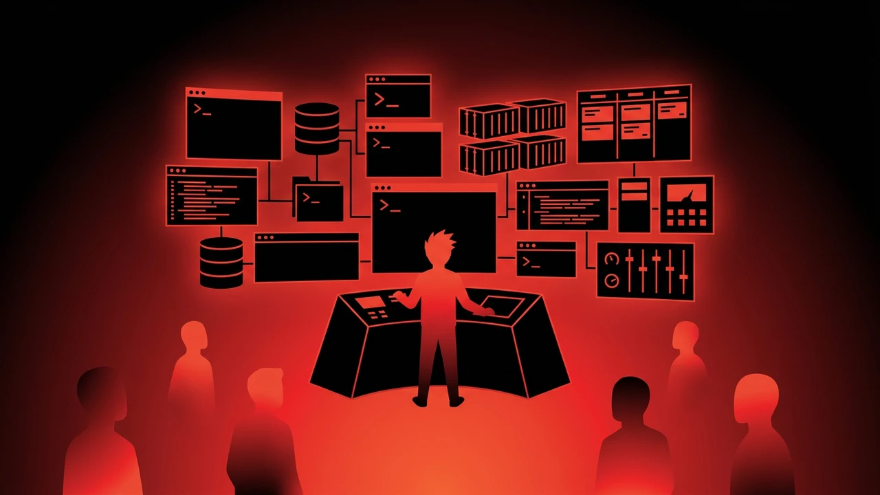Rockstar developer controlling an efficient workstation filled with coding and automation tools