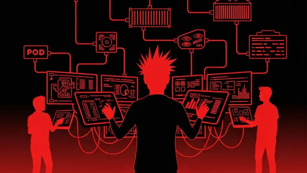 Rockstar developer orchestrating Kubernetes clusters with red glowing terminals and deployment tools