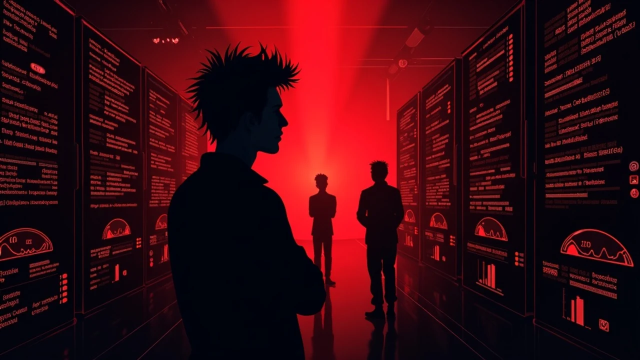 Rockstar developer stress testing an application with traffic gauges and server racks