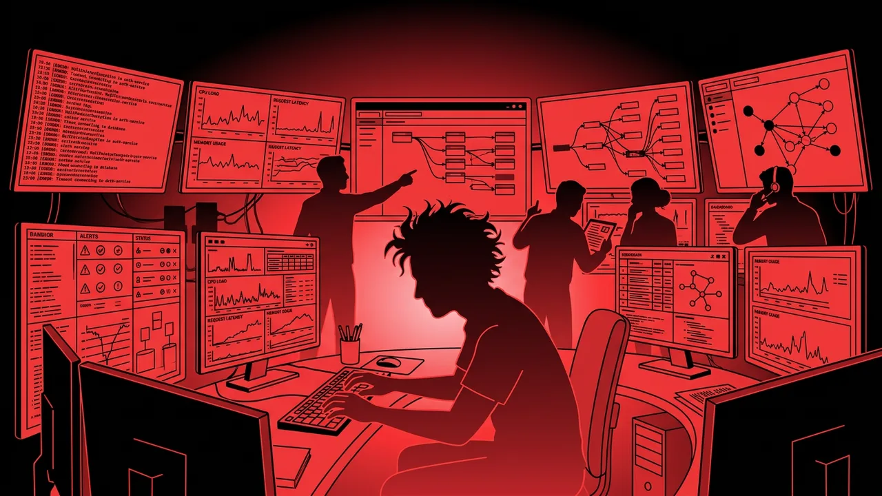 Rockstar developer debugging production systems with observability dashboards, traces, logs, and metrics