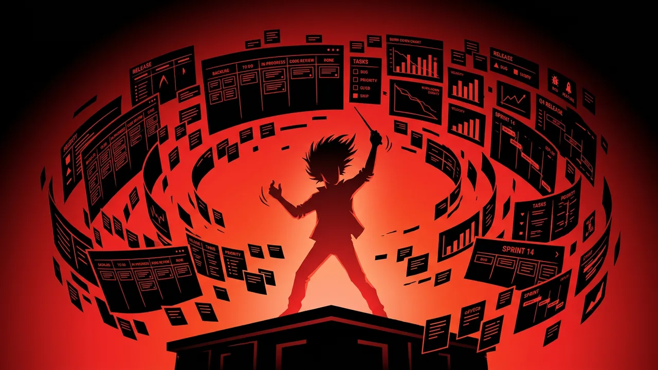 Rockstar developer silhouette managing multiple project boards and tasks in red and black duotone style