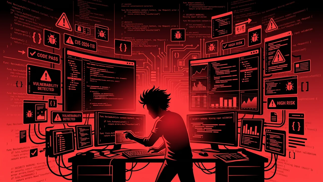 Rockstar developer scanning source code with red security alerts and black code panels