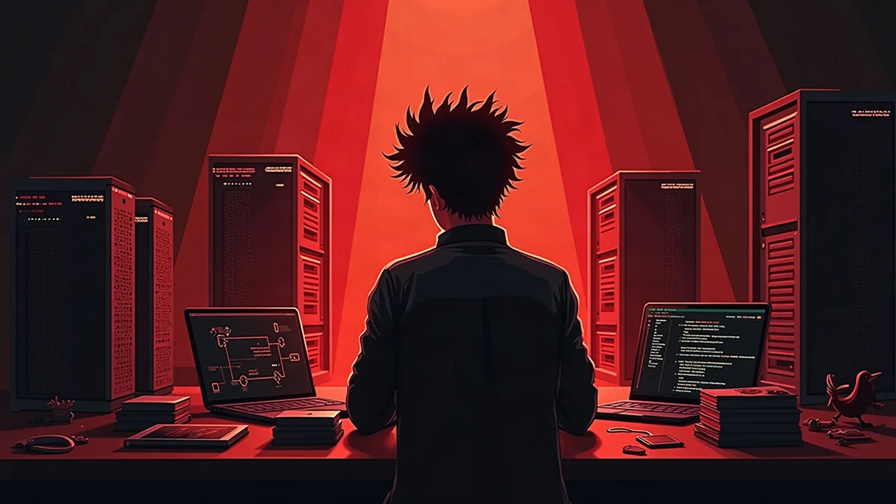 Rockstar developer studying system design books beside servers and architecture diagrams