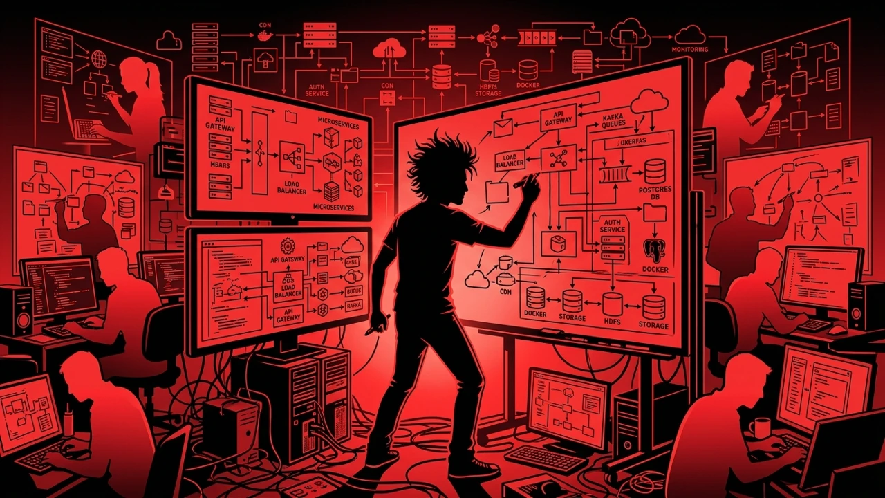 Rockstar developer mapping system architecture diagrams across multiple screens