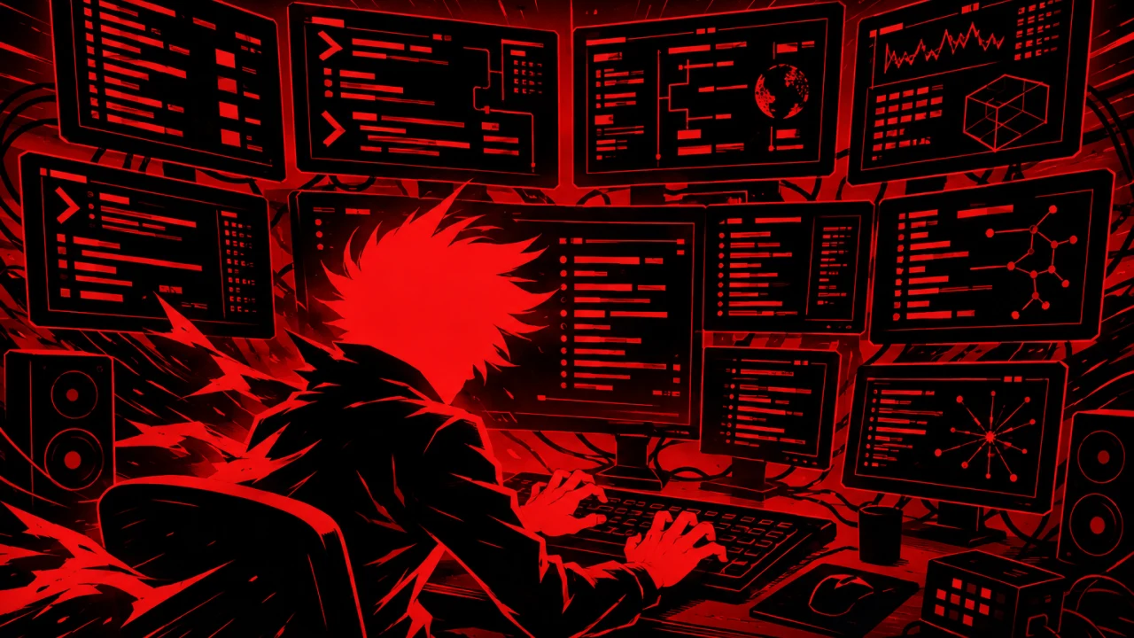 Rockstar developer comparing terminal emulator windows on multiple screens
