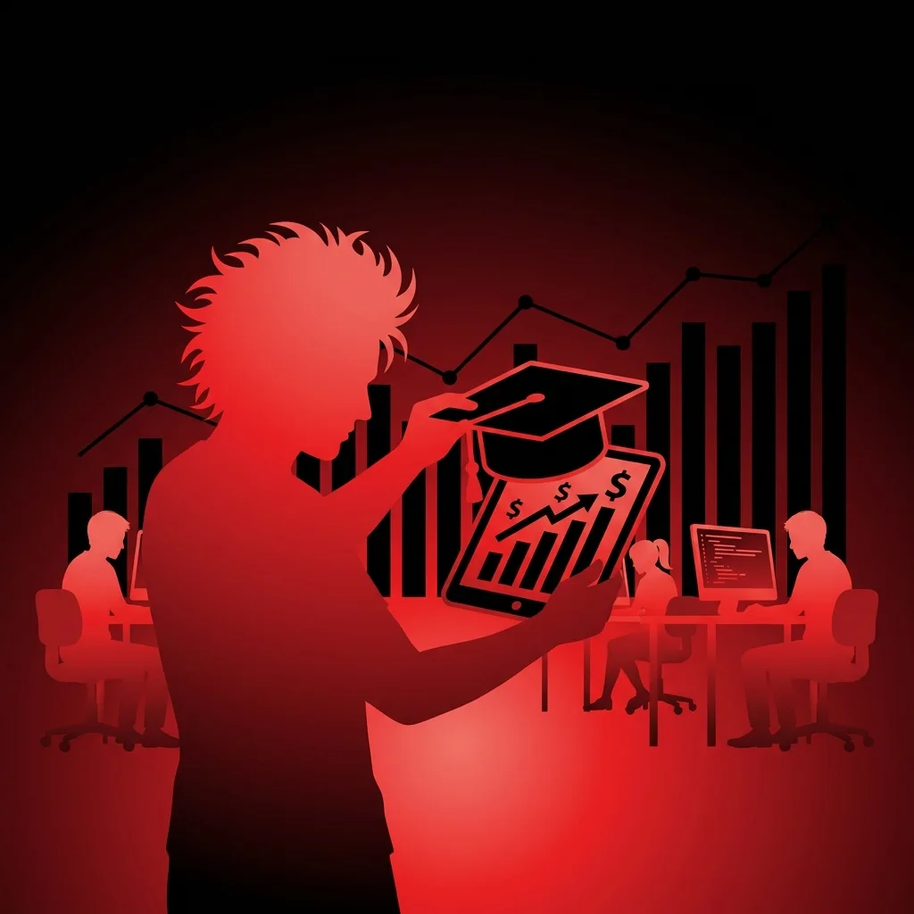 Rockstar developer examining coding bootcamp statistics and graduation data charts