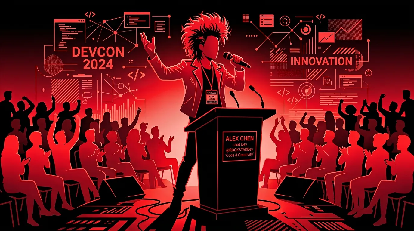 Conference speaker crafting a compelling bio for an upcoming tech event