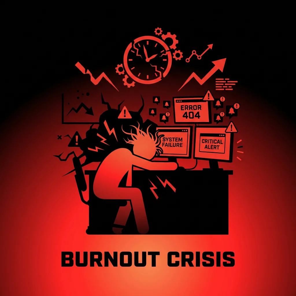 Rockstar developer experiencing burnout surrounded by error notifications and broken clocks