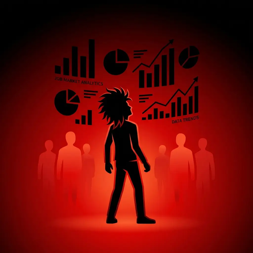 Rockstar developer examining job market data charts and statistics dashboard