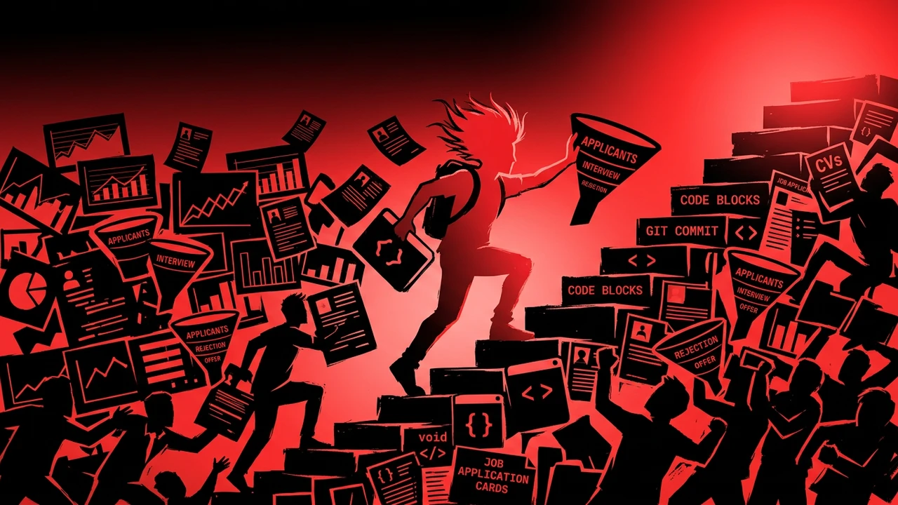 Rockstar developer climbing through a crowded junior job market with charts and code blocks