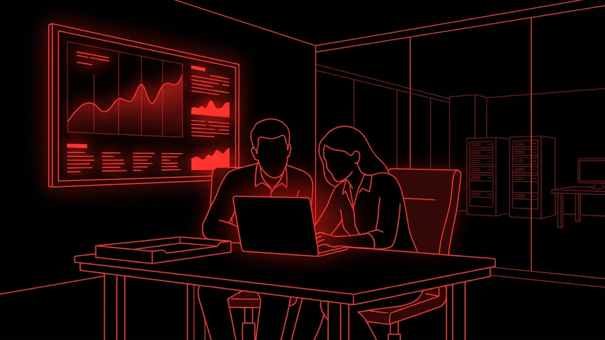 Engineer and business analyst working side by side on a laptop in front of a data dashboard