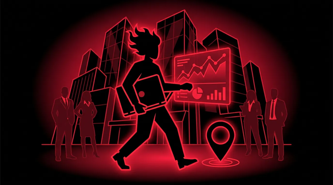 Silhouetted developer carrying a laptop walks into a customer's office building, with a live...