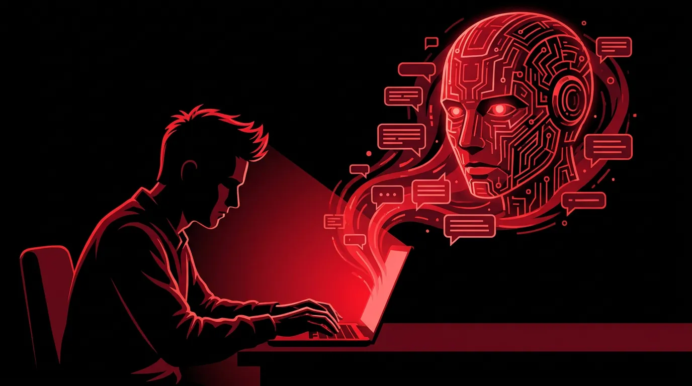 Silhouetted developer typing prompts on a laptop that projects a glowing red circuit-patterned...