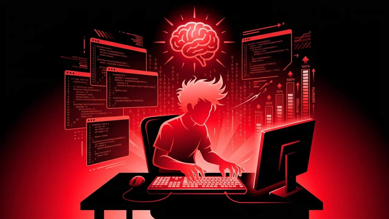 Rockstar developer leveling up programming skills with code flowing in background