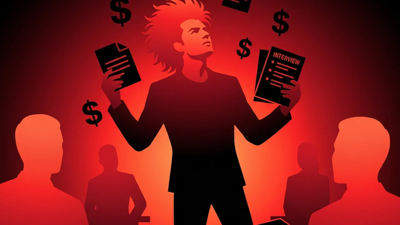 Rockstar developer reviewing job offer with floating compensation icons