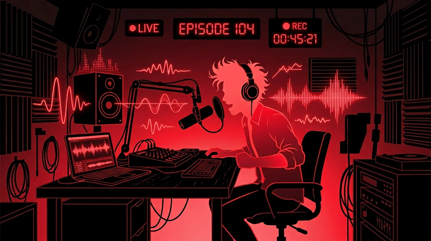 Rockstar developer recording a podcast with microphone and audio waveforms