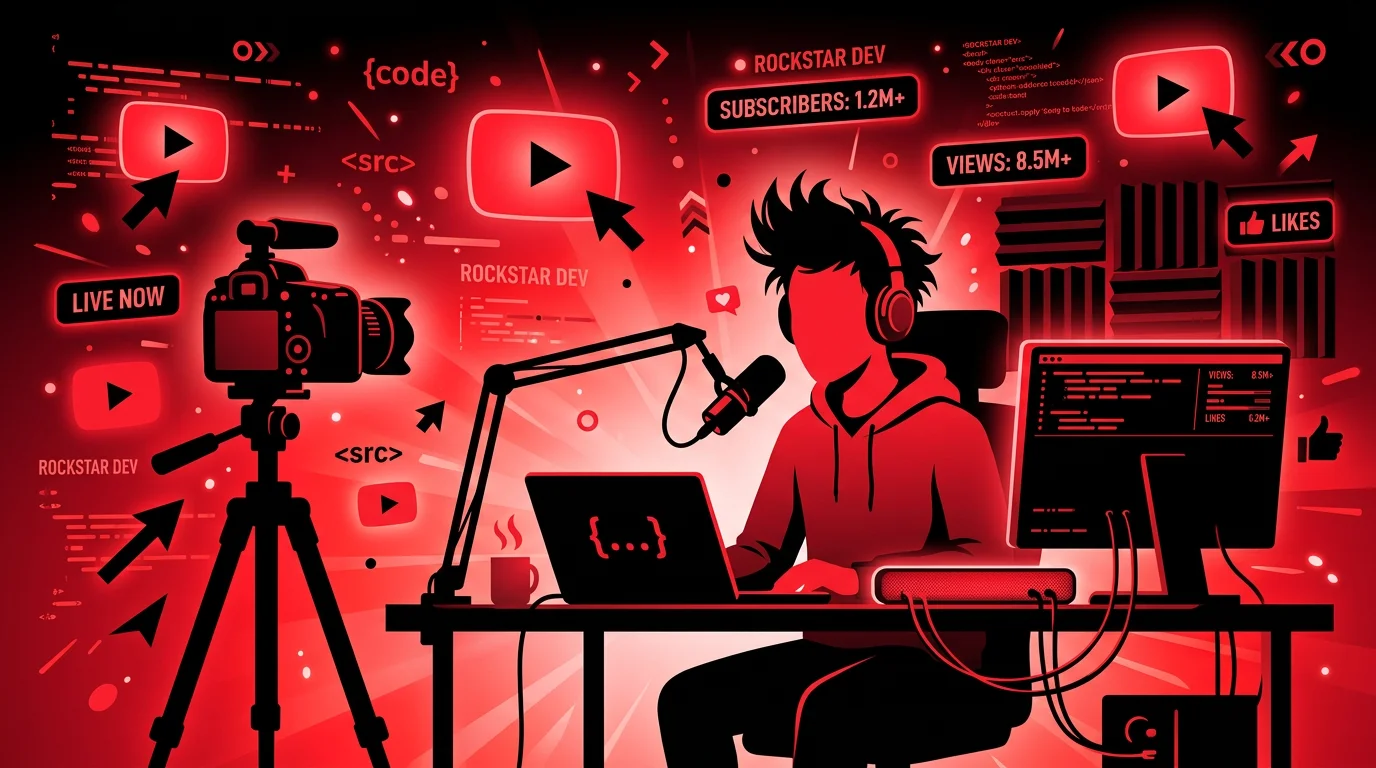 Rockstar developer recording YouTube content with camera and play button icons