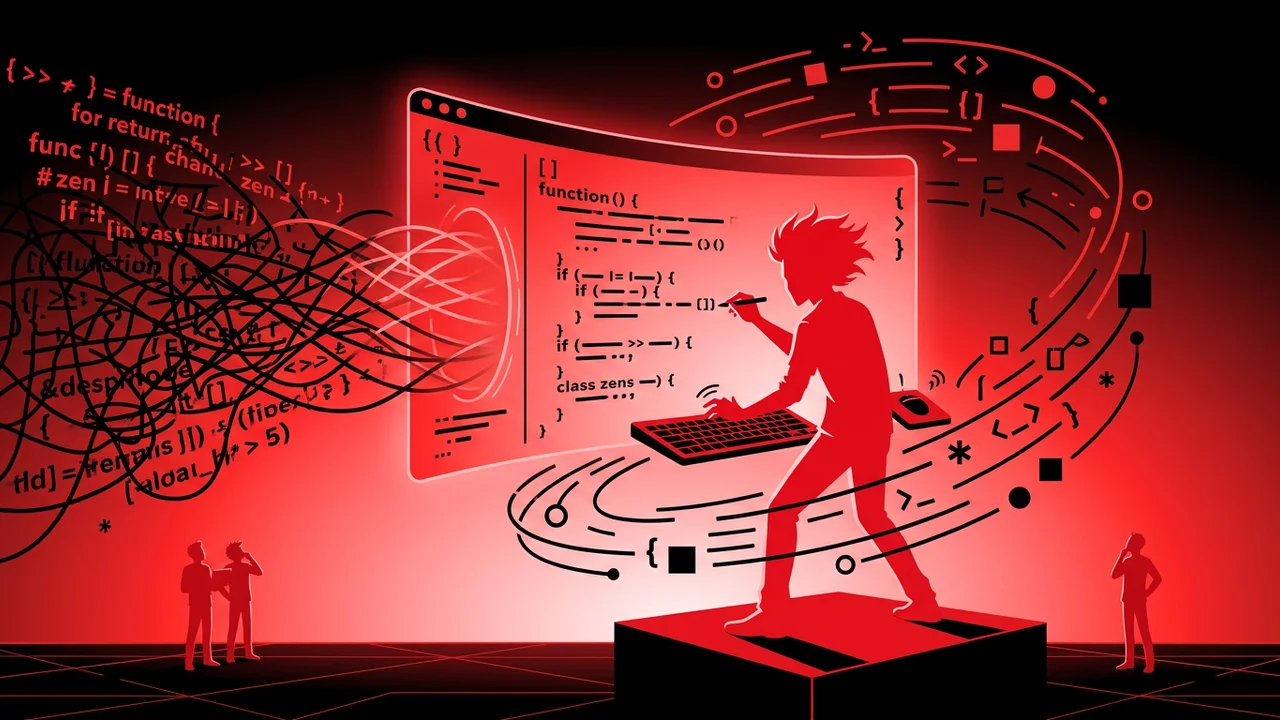 Rockstar developer writing clean code with glowing code symbols floating around