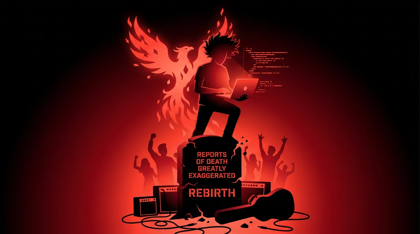 Rockstar developer with wild spiky hair standing on a rising platform above a burning bottom...