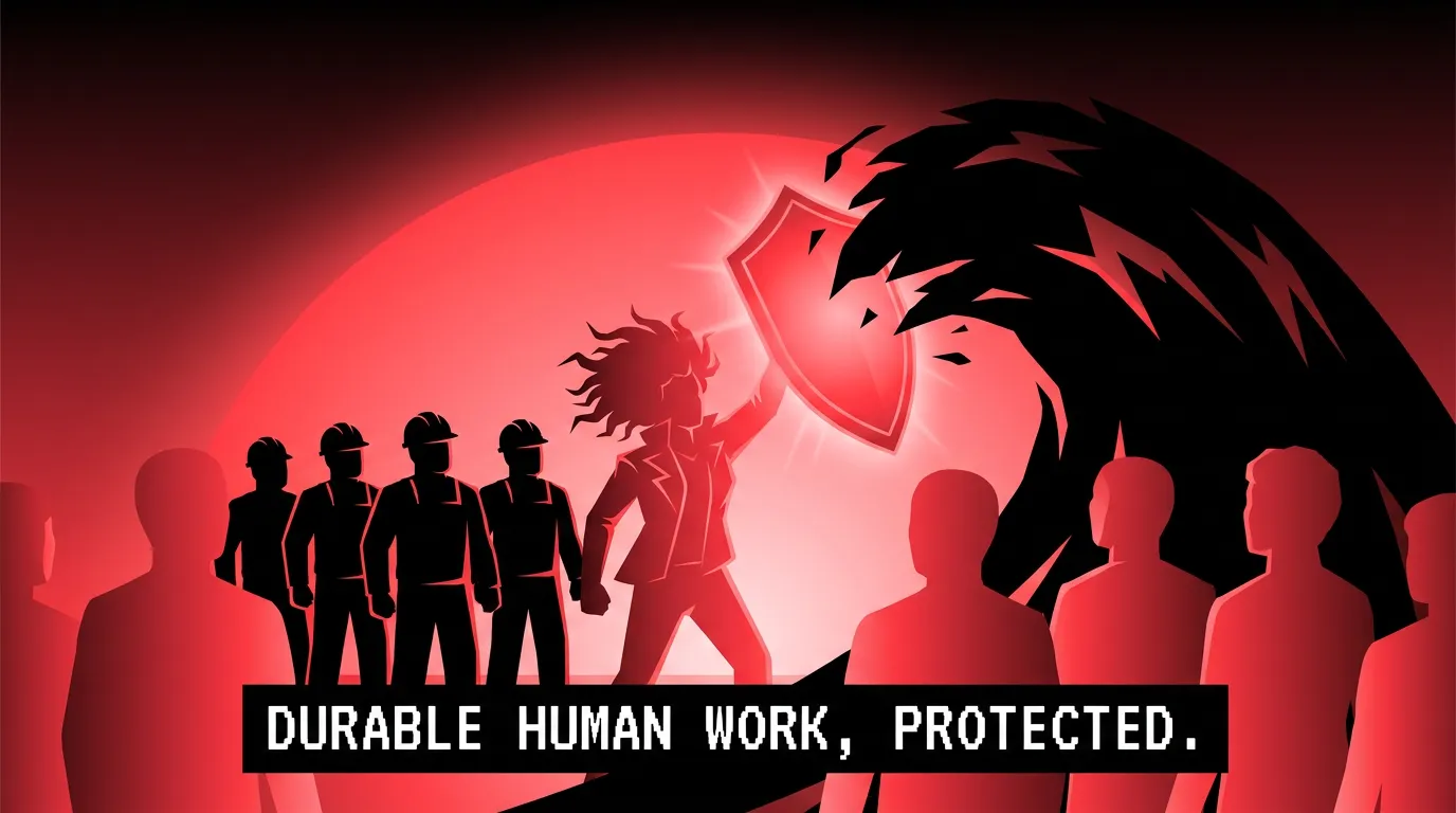 Rockstar developer silhouette standing at a fork in the road, one path toward a robot arm and...